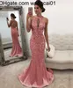 Vestidos Wangcai01Runway 2021 Novos vestidos de noite rosa Jóia pescoço de laca de lantejoulas Longss Mermaid Prom Dress Sweep Train Robes de ilusão personalizada de Soire