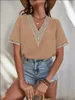 Blusas femininas blusa casual tops 2023 verão impressão oco renda com decote em v feminino camisa de manga curta S-XXXL