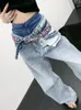 Damesjeans Chicever Hole Hollow Out Denim Pant For Women High Taille Patchwork Belt Losse Streetwear Wide Leg broek Vrouwelijke voorjaarskleding 230422