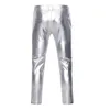 Pantaloni da uomo Moto in pelle PU da uomo di marca Skinny lucidi rivestiti in oro metallizzato Pantaloni da discoteca Stage Perform per cantanti 231123