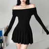 Casual Dresses Elegant Women Spring Summer Mini Dress Black Long Sleeve Off Shoulder Pleated Hem Party Streetwear Outfits