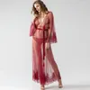 Women's Sleepwear Sexy Lace Home Suit For Women Two Pieces Set See Through Nightgown With Belt Panties Long Sleeves Lingerie