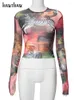 Kvinnors T -skjortor Kvinnor 2024 Spring Summer Long Sleeve Streetwear Mesh Sheer Graphic Crop Tops Tees Wholesale Toise for Business