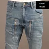 Jeans Homme Zip Bleu Moto Riding Splicing Pantalon Denim Homme