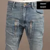 Jeans da uomo con cerniera blu per motociclisti, pantaloni in denim da uomo