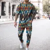 Men's Tracksuits Fashion 2 Piece Set Rhombic Casual Short Sleeves Print T-Shirt Jogging Long Pants Suits Camisetas Ropa Hombre