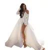 Simple Satin Une Ligne Robes De Mariée Pour Femmes Élégantes Mariées Robe Sur Mesure Unique Décolleté Manches Longues Sexy Fente Latérale Haute Robe De Novia