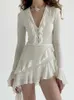 Casual jurken witte ruches geplooide jurk knop chiffon y2k elegante Franse mini volle mouw voorjaar vakantieband kantoor dames