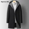 Män blandar Coat Winter Overcoat Trench Luxury Long Jacket med huva Casual Elegant Thicken Ytterkläder Ull Vindbrytare 231123