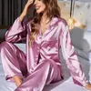 Kvinnors sömnkläder lila pyjamas kostym med knappar kvinnor loungewear lapel sommar nattklänning pyjamas kausala bekväma nattkläder hemkläder