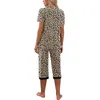 Kvinnors sömnkläder 2st Kvinnors beskurna pyjama Set Short Sleeve V Neck T-shirt och Capri Pants Kontrast Color/Floral/Leopard Lounge Suits