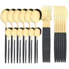 Geschirr-Sets 24-teiliges Edelstahl-Geschirr-Besteck-Set, Schwarzgold, westliche Utensilien, Messer, Gabel, Löffel, Lagerregal