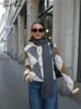 Örgü baskı kazak kadın moda gevşek uzun kollu tek göğüslü kadın hırka sonbahar kış gündelik bayan kazakları