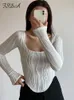 Kvinnors t-shirt FSDA Square Neck Women Long Sleeve Crop Top White Summer Autumn Basic Casual T Shirts Vintage 90s Y2K Sexiga kläder 230422