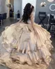 Elegant Champagne Satin Quinceanera Dresses 2023 Short Sleeves Applique Sequin Sweet 16 Party Dress Bow Vestidos De 15 Prom Party Gowns