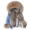 Fourrure femme Fausse fourrure Maomaokong Denim veste Parka hiver femmes Parkas réel col de fourrure manteau naturel fourrure de raton laveur capuche véritable doublure de fourrure de lapin de luxe 231123