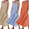 Robe pour femme Été Femmes Robe de créateur sans manches Robe d'été Élégante Col Rond Coton Lin Solide Robe Longue Débardeur Vintage Poches Plage Vestidos