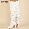 Boots Eilyken Pleated Thigh High Boots Fashion Pointed Toe Zip Female Stiletto Square Heels Design White Black Brown Women's Shoes 231123