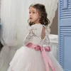 Girl Dresses 4-14Y White Kids Teenager Pink Bridesmaid Dress For Girls Children Long Sleeve Lace Princess Backless Party Wedding