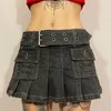 Kjolar denim bälte jean mini veckad kjol låg stigning midja mikro y2k baletcore microskirt last kort harajuku punk koreansk stil