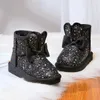 Stivali Stivali da neve per bambini ragazze pelliccia di coniglio caldo bambino scarpe sportive in cotone paillettes vera pelle moda principessa 231122