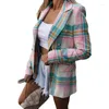 女性のスーツ2023二重胸肉長袖ポロカラー格子縞のプリントカーディガン気温通勤者スモールスーツコート女性