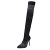 Stivali Stivali alti da donna alla coscia sexy Stivali alti con calzino in tessuto elasticizzato con cristalli Moda Stivali a punta con tacco sopra il ginocchio Scarpe spogliarelliste Taglia 35-43 231122