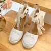 Novas alpargatas bordadas de linho cunha sandálias de plataforma salto alto verão feminino designer de luxo sola de couro moda areia sapatos casuais fábrica de calçados