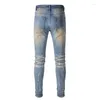 Jeans para hombres Hombres High Street Patch Work Black Stones Parches Distressed Distroyed Paint Oil Slim Washed Blue Tamaño 28-40