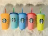 24OZ/710ml mug drum reusable color changing beverage flat bottomed cup with cylindrical lid, straw cup, Starbucks color changing plastic cup, 5 pieces