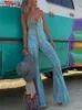 Women S Jumpsuit Print See Through Sexy Backless V Neck Sleeveless Lace Up Female Romper Summer Blue Slim Lady Playsuit