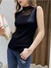 Canotte da donna Scava fuori senza maniche T-shirt lavorate a maglia da donna Dolcevita Pizzo nero Sexy Gilet da donna 2023 Top in maglia sottile allentata rosa estiva