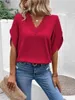 여자 블라우스 솔리드 레이스 v- 넥 플레어 슬리브 느슨한 셔츠 탑 여름 빨간 캐주얼 쉬폰 블루사 우아함