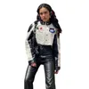 Womens Jackets pu Leather Color Contrast Patchwork Printed Zhang Zai Stand Collar Zipper LongSleeved Haulage Motor Jacket for Women 231123