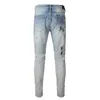 Heren jeans heren verontruste urban mode slanke fit lichtblauw dunne stretch tie kleurstof ribben patchwork gescheurde kwaliteit verfspray