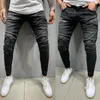 Jeans masculinos azul estiramento denim remendo rasgado magro magro moda streetwear personalidade enrugada