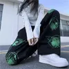 Pantalon Femme Hip Hop Femmes Vert Graffiti Imprimer Casual Printemps Automne Vintage Poche Taille Élastique Streetwear Mode Pantalon Lâche