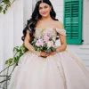 Beige Glitter Sweetheart Princess Prom Party Dresses Quinceanera Dress 3D Flowers Lace Beads Ball Gown Sweet 15 16 Dress For Girls
