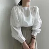 Blusas femininas 2023 francês simples em torno do pescoço blusa outono lanterna manga longa plissado camisas casuais senhoras soltas elegante mulher topo 163