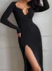 Temel gündelik elbiseler Sonbahar Çapraz Clearage Maxi Elbise Kadın Kısa Yan Desenli Vestido High Street Bodycon Ultra İnce Çöp Etek 231122