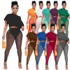 Kvinnors tvåbitar byxor Fashionabla Stretch Casual Suit Solid Color Ladies 2 Set Letter Sportwear T-shirt Nio poäng Set