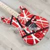 Seltene 5150 Edward Van Halen White Black Stripes Red E-Gitarre, linke Hand Floyd Rose Tremolo Bridge Whammy Bar, Sicherungsmutter, Ahornhals, Griffbrett, große Kopfplatte