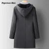 Män blandar Coat Winter Overcoat Trench Luxury Long Jacket med huva Casual Elegant Thicken Ytterkläder Ull Vindbrytare 231123