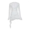 Casual jurken witte ruches geplooide jurk knop chiffon y2k elegante Franse mini volle mouw voorjaar vakantieband kantoor dames