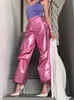여성 패션 낙하산화물 바지 빈티지 드로우 스트링 조깅 핑크 바지 하이 허리 여성 세련된 캐주얼 메탈릭 클럽웨어