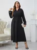 Plus -klänningar Moslem Casual Dress Woman 2023 Autumn V Neck Short Sleeve Party Maxi Long Solid Black Curvy Clothing