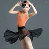 Stage Draag Latin Dance Dress Girls Tango Rumba Cha Samba Salsa Oefen kleding Oranje mouwloze Bodysuit Zwart Mesh Rok DN6157