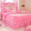 Korean style pink Lace bedspread bedding set king queen 4pcs princess duvet cover bed skirts bedclothes cotton home textile 201114215y