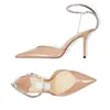 Famous Brand Women Sandals Pumps SAEDA 85 mm Italy Popular Pointed Toes Crystal Chain Ankle Sling Nude Patent Leather Designer Banquet Party Sandal High Heels EU 35-43