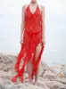 Vestidos casuales CHRONSTYLE Sexy Women Mesh See Through Vestido largo Bikini Cover Ups Ropa de playa Halter Backless Ruffles Borlas Irregular Hem